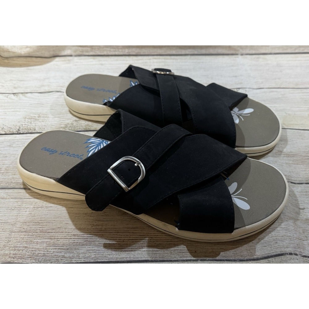Easy Street Flint Sandals Black Buckle Comfort Slide Shoes Sz 10 EXCELLENT